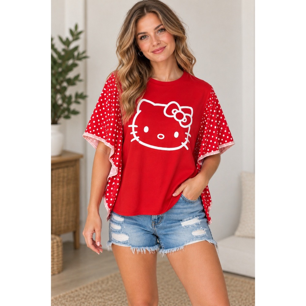 Sanrio Upcycled Hello Kitty Red Polka Dot Flutter Sleeve Graphic Top OOAK O/S